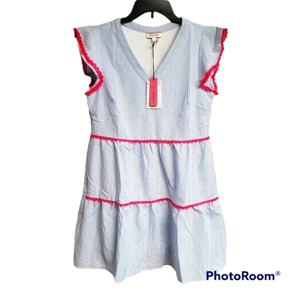 Andree By Unit Blue And White Pinstriped Pink Trim Ruffle Sleeve Baby Doll Dress - Picture 2 of 8